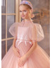 Puff Sleeves Beaded Lace Tulle Flower Girl Dress With Horsehair Hem
